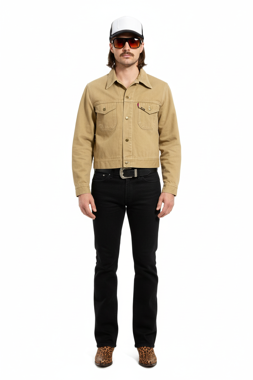 1960’S LEE MADE IN USA CROPPED FADED CHAMOIS KHAKI WESTERN TRUCKER JACKET LARGE