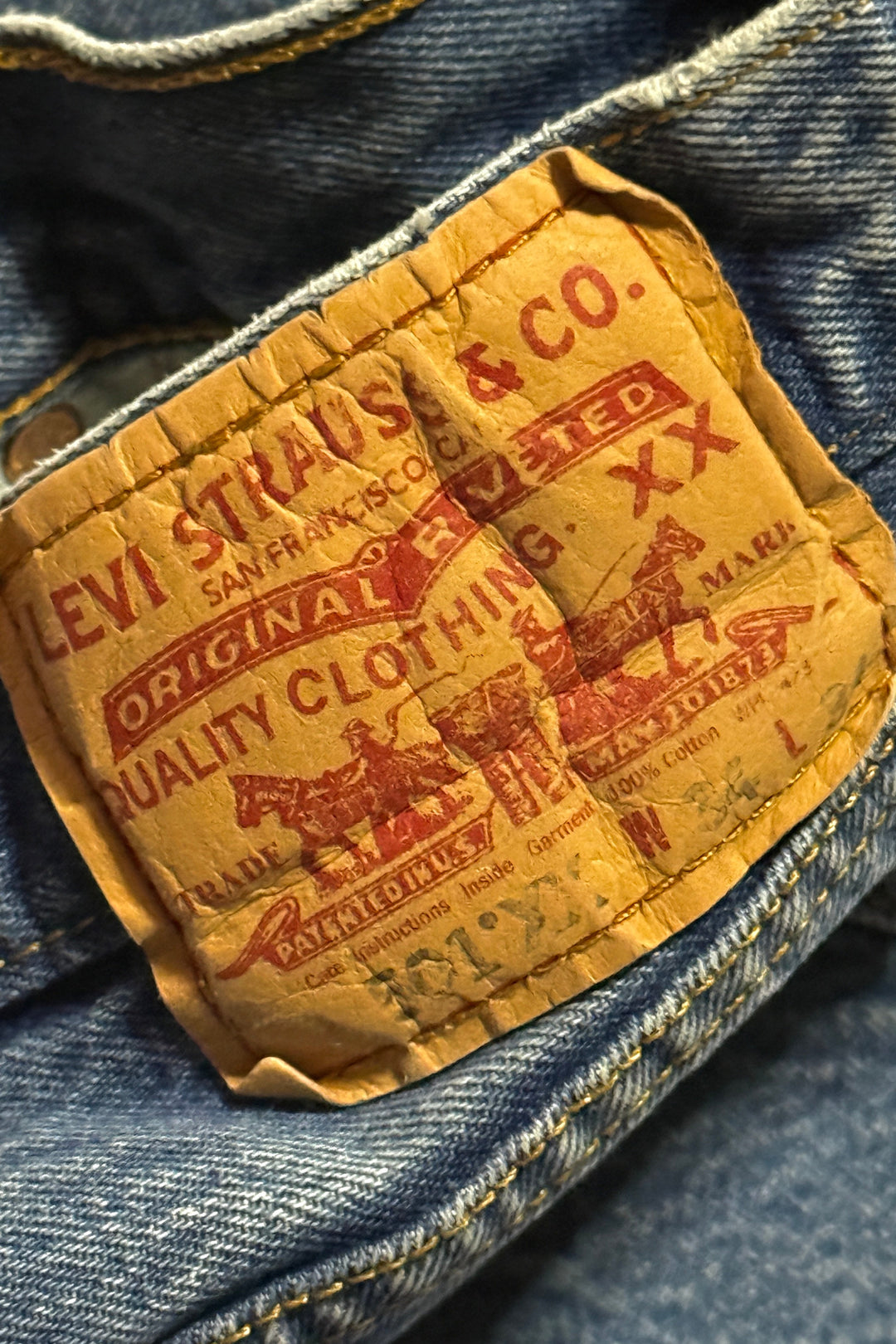 MASK X LEVI’S 501XX WESTERN HAND CHAINSTITCHED LIGHT WASH DENIM JEANS 34 X 30