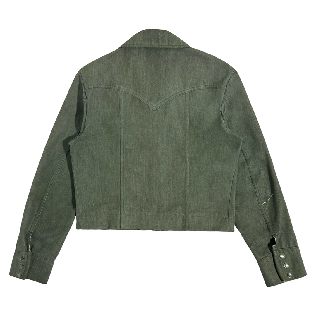 1970’S LEE RIDERS MADE IN USA CROPPED OLIVE DENIM WESTERN PEARL SNAP TRUCKER JACKET MEDIUM