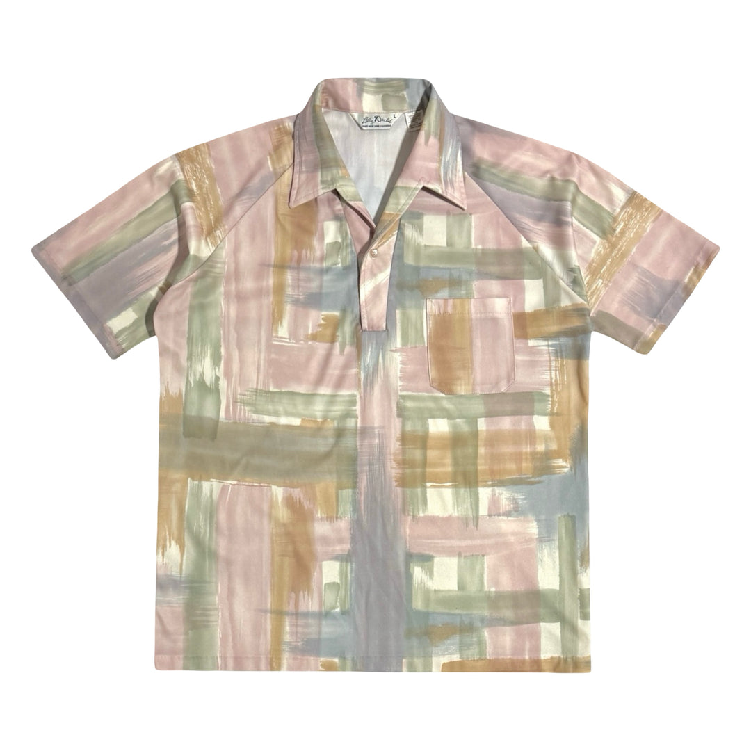 1970’S LILLY DACHÉ MADE IN USA PASTEL BRUSH STROKE PRINTED S/S POLO B.D. SHIRT LARGE