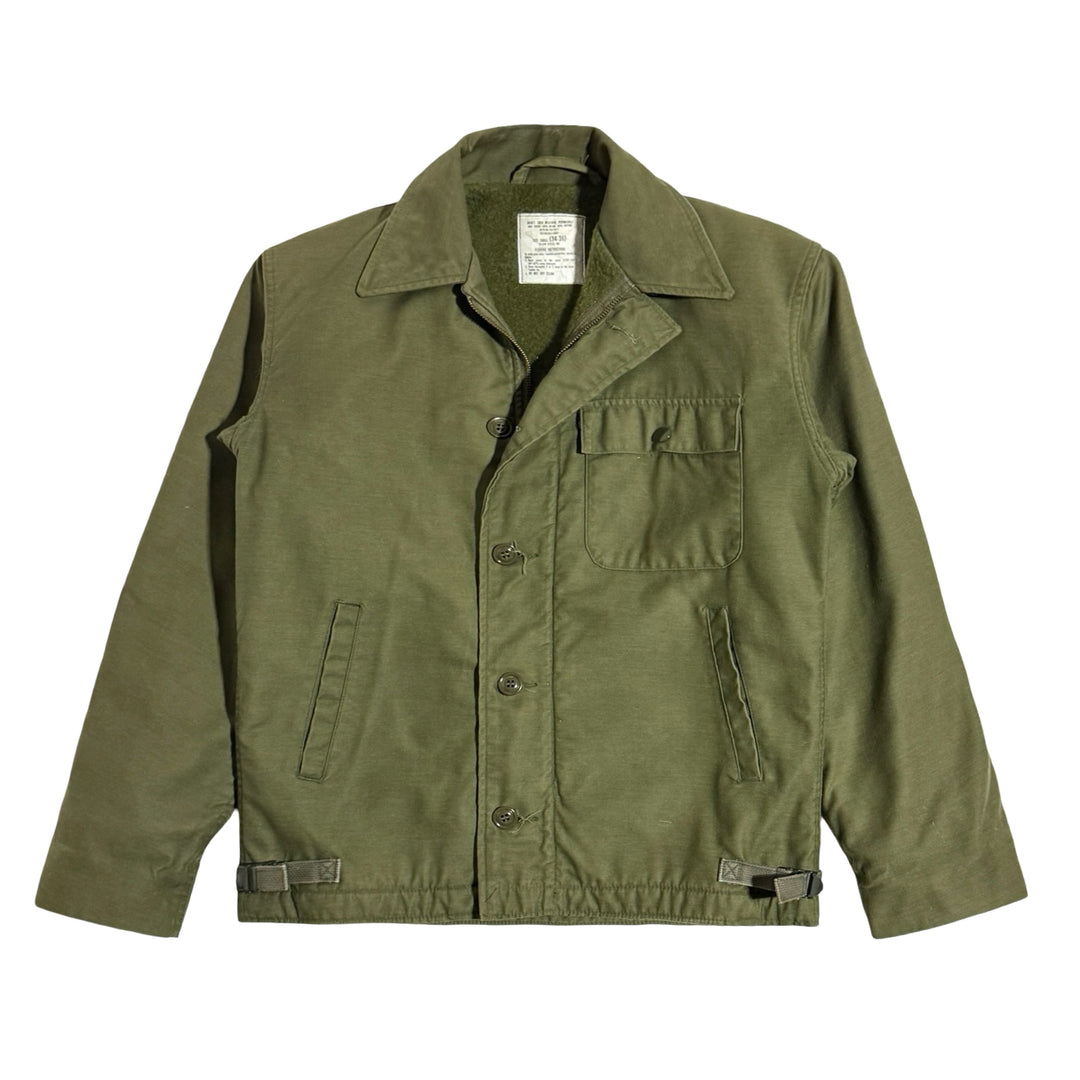 1980’S US ARMY MADE IN USA CROPPED SHERPA LINED OLIVE ZIP JACKET MEDIUM