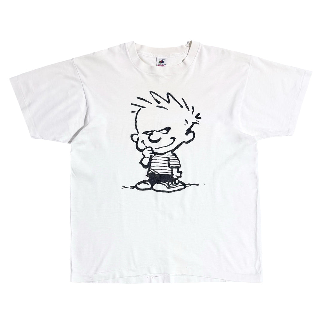 1990’S MISCHIEVOUS CALVIN & HOBBES MADE IN USA SINGLE STITCH WHITE JERSEY S/S T-SHIRT LARGE