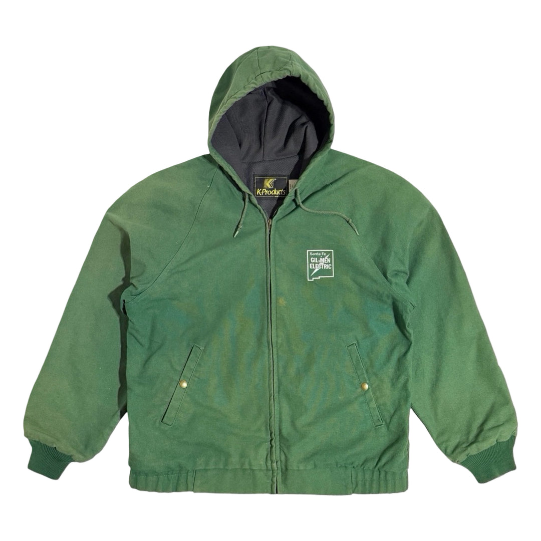 1990’S K BRAND MADE IN THE USA THRASHED &amp; FADED CROPPED GREEN DUCK CANVAS WORKWEAR HOODED JACKET LARGE