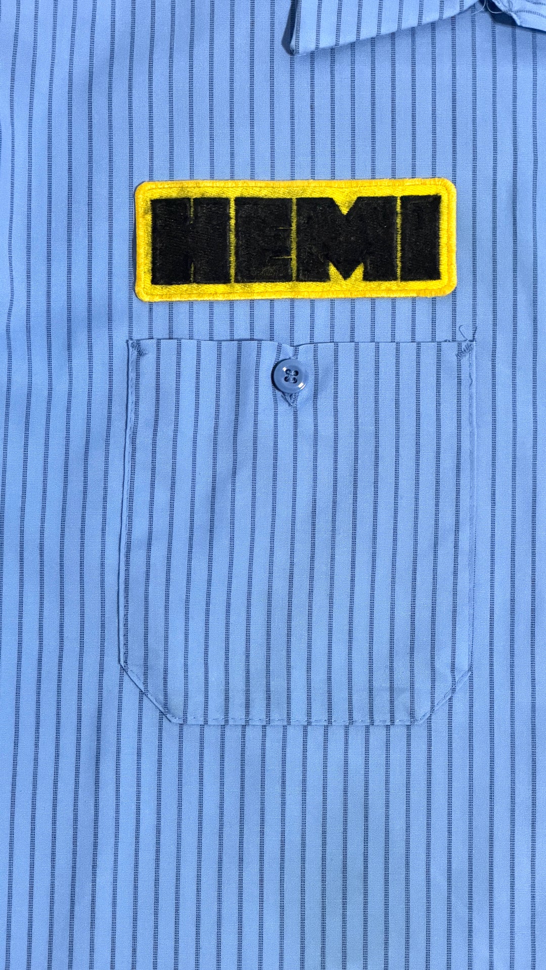 1980’S WEAR-GUARD MADE IN USA CROPPED STRIPED BLUE MOPAR HEMI S/S B.D. WORK SHIRT X-LARGE