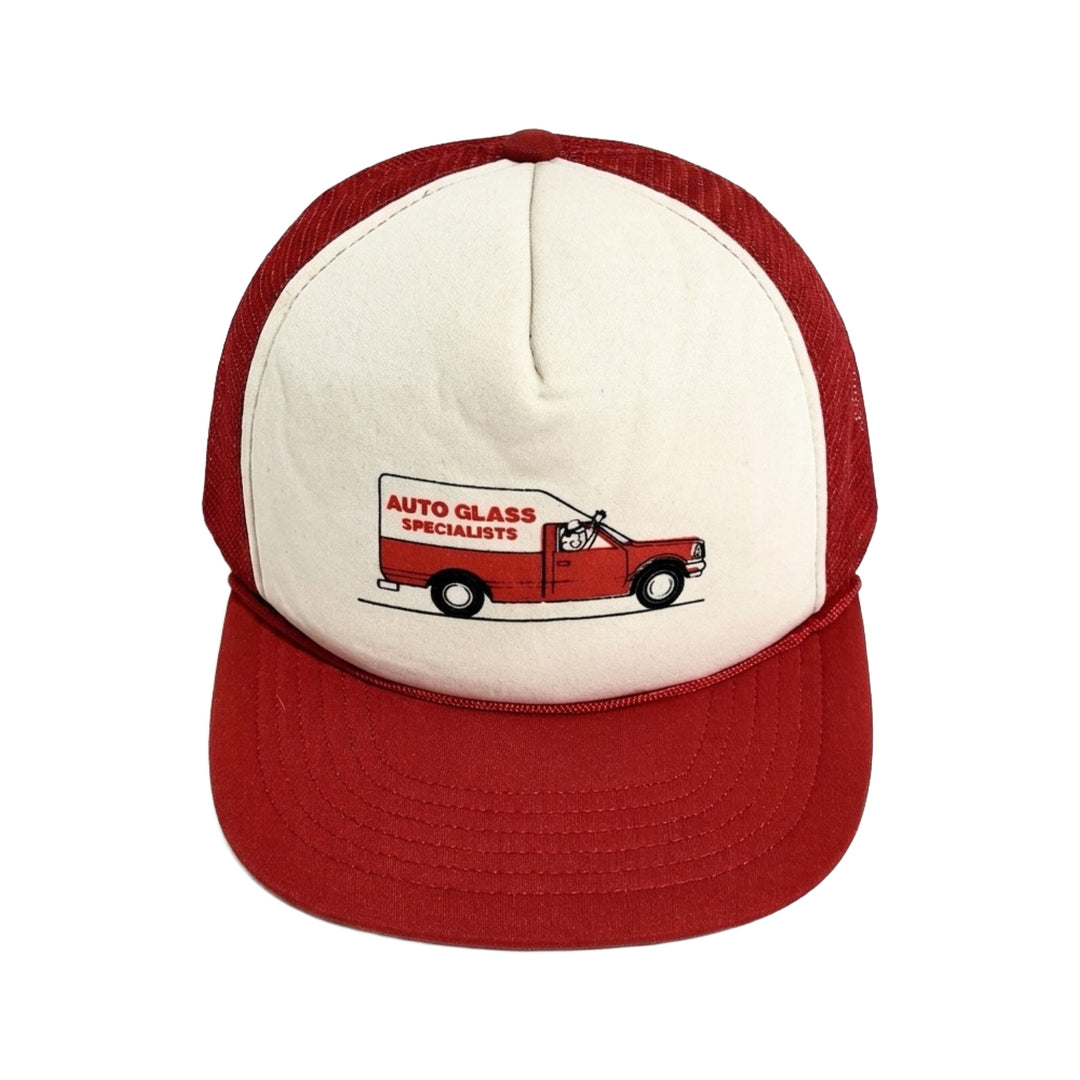 1980’S TRUCK AUTO GLASS WHITE FOAM & RED MESH TRUCKER HAT