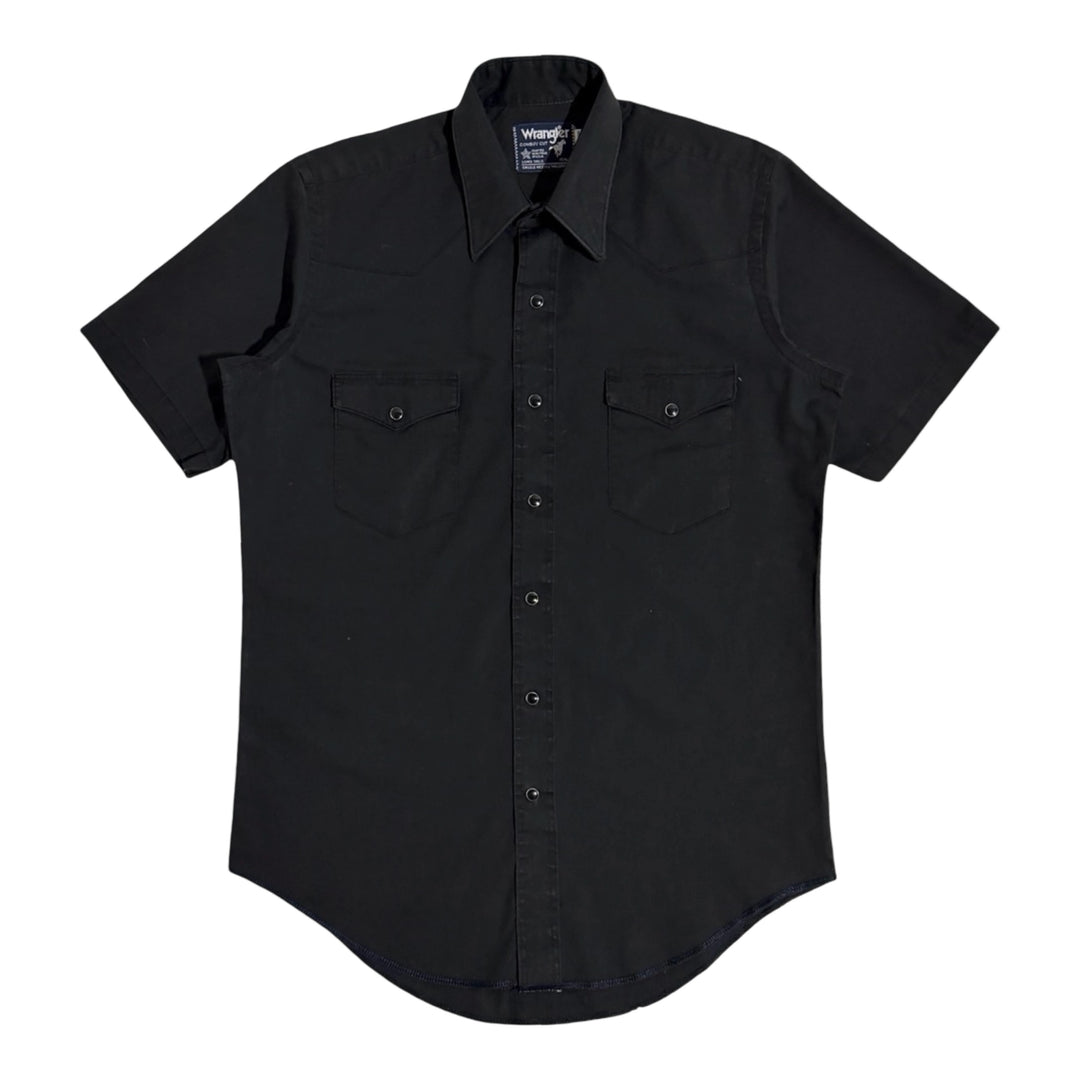 1990’S WRANGLER MADE IN USA COWBOY CUT BLACK WESTERN PEARL SNAP S/S B.D. SHIRT LARGE