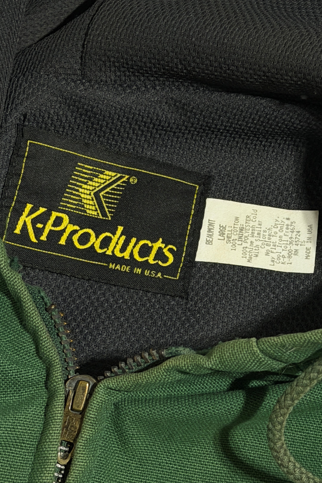 1990’S K BRAND MADE IN THE USA THRASHED &amp; FADED CROPPED GREEN DUCK CANVAS WORKWEAR HOODED JACKET LARGE