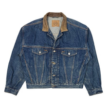 Cargar imagen en el visor de la galería, 1980’S GAP MADE IN USA CROPPED LEATHER COLLAR DENIM TRUCKER JACKET LARGE
