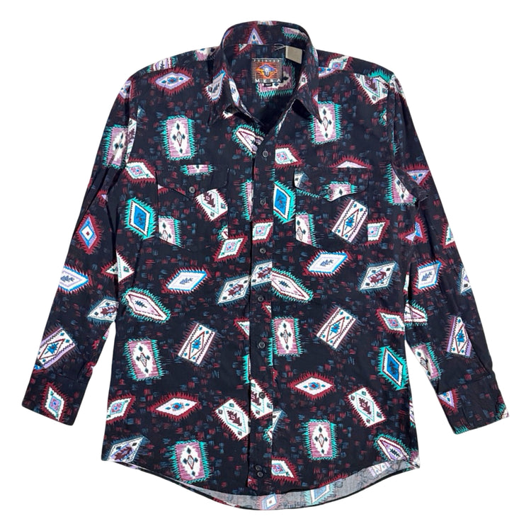 1990's Painted Mesa black southwestern shirt front