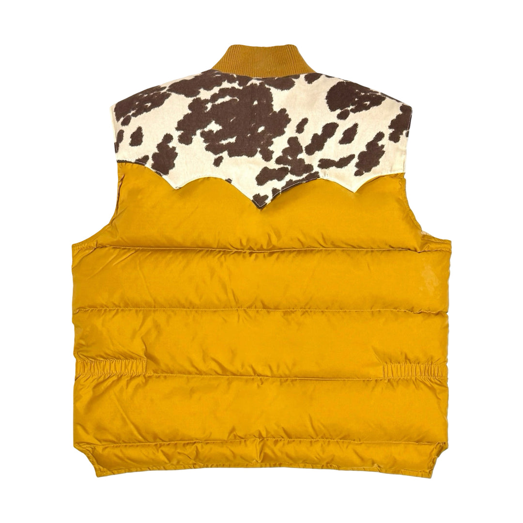 1970’S MASK X PIONEER WEAR MADE IN USA CROPPED WESTERN NORMANDE COW PRINT DUCK CANVAS YOKE QUILTED PRIME NORTHERN GOOSE DOWN VEST LARGE