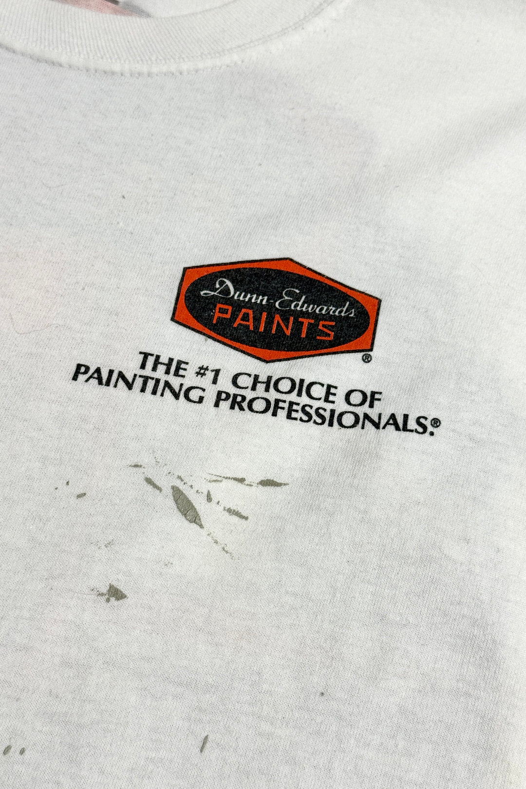 1990’S DUNLAP EDWARDS PAINTS THRASHED CROPPED PRINTED JERSEY S/S T-SHIRT X-LARGE