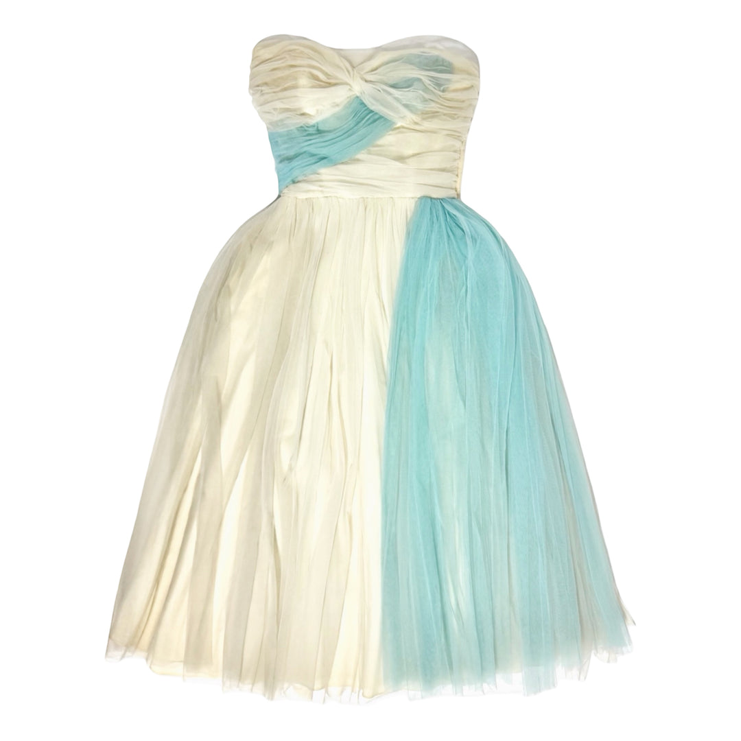 1950’S FRANK STARR MADE IN USA IVORY &amp; TURQUOISE TUTTLE PARTY DRESS X-SMALL