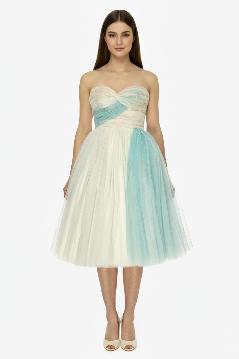 1950’S FRANK STARR MADE IN USA IVORY &amp; TURQUOISE TUTTLE PARTY DRESS X-SMALL