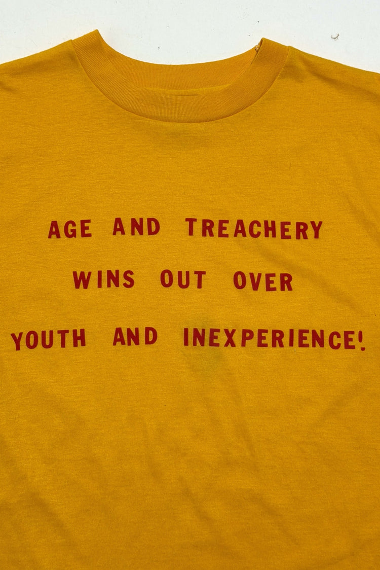 1980's Hanes gold Age and Treachery Wins Out Over Youth and Inexperience flocked cropped t-shirt medium