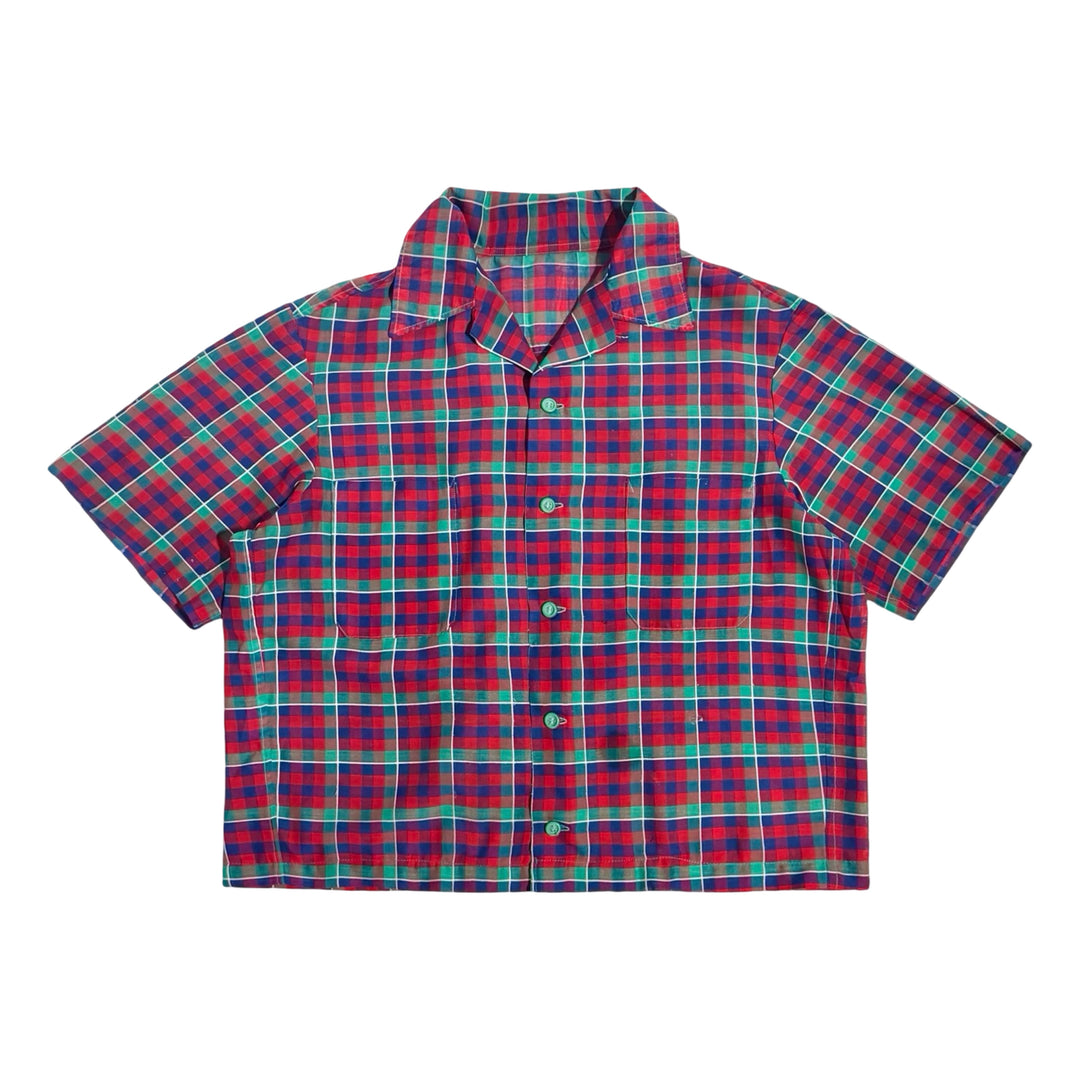 1960’S PLAID MADE IN USA CROPPED SELVEDGE LOOP COLLAR S/S B.D. SHIRT X-LARGE