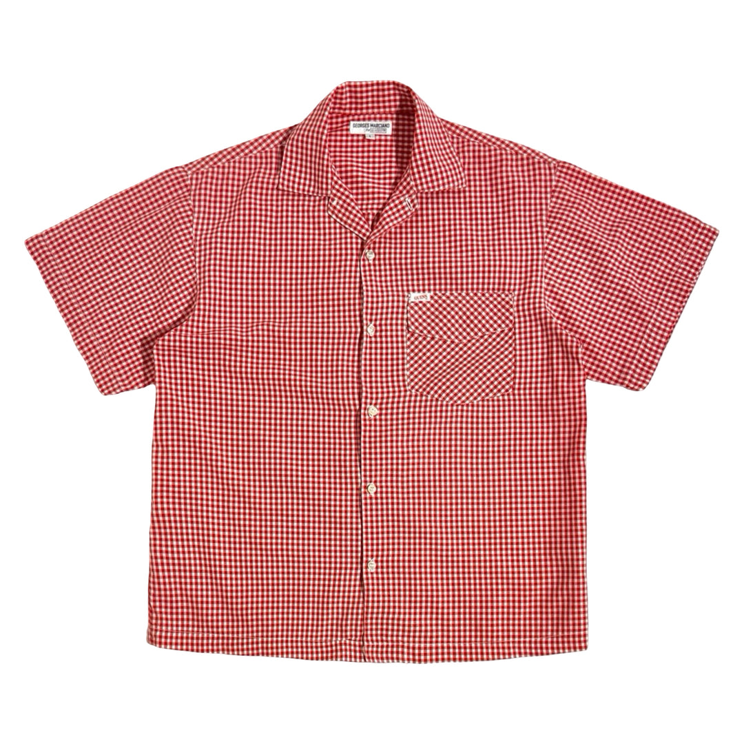 1980’S GEORGES MARCIANO FOR GUESS? MADE IN USA CROPPED PICNIC PLAID CAMP COLLAR S/S B.D. SHIRT LARGE