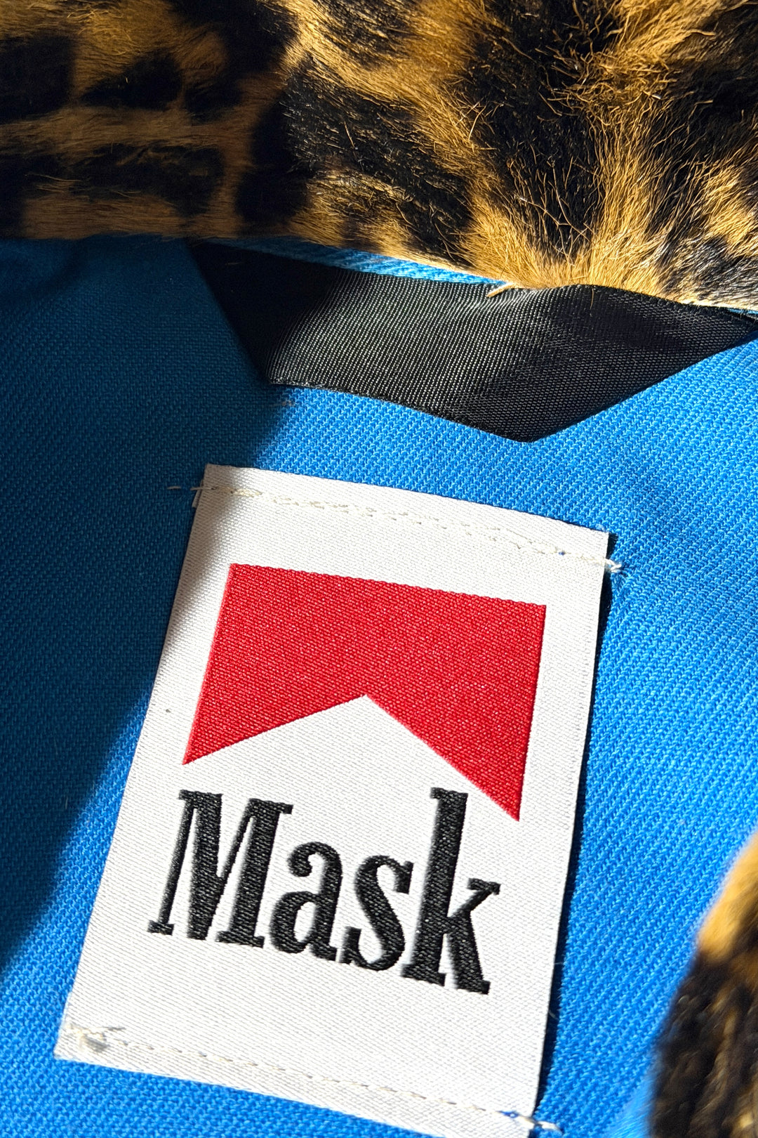 1970’S MASK “SEX MANIAC” MADE IN USA CROPPED ITALIAN LEOPARD PRINT PONY HAIR COLLAR K BRAND PATCHED RACING JACKET LARGE
