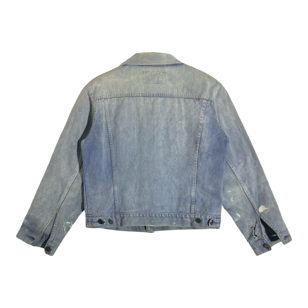 1970’S DUDE WESTERN MADE IN USA THRASHED & REPAIRED CROPPED LIGHT WASH DENIM TRUCKER JACKET LARGE