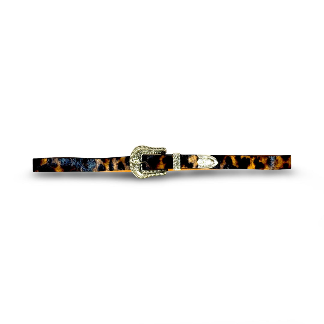 1990’S WESTERN LEOPARD PRINT FAUX LEATHER SKINNY BELT MEDIUM