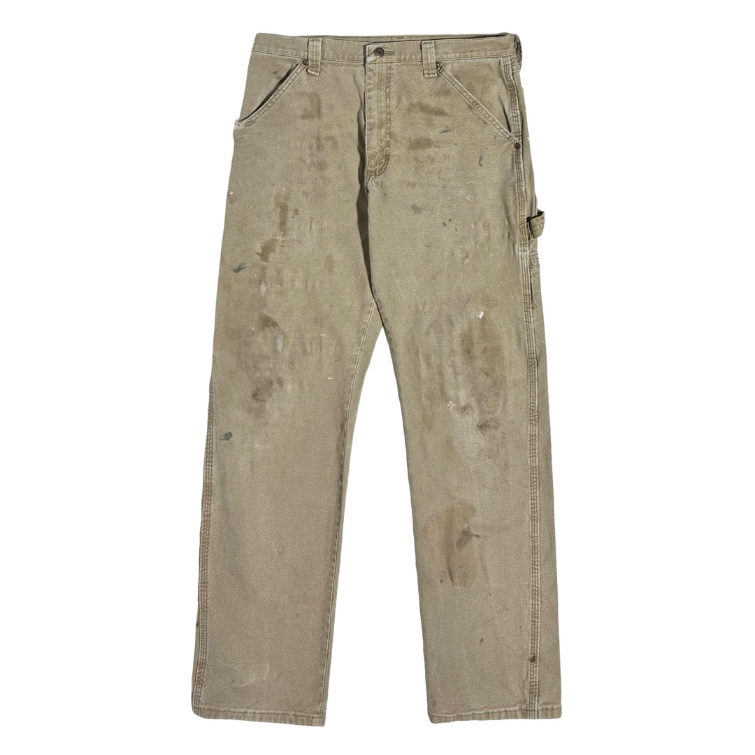 2000’S WRANGLER THRASHED & FADED KHAKI CANVAS CARPENTER WORKWEAR PANTS 30 X 30