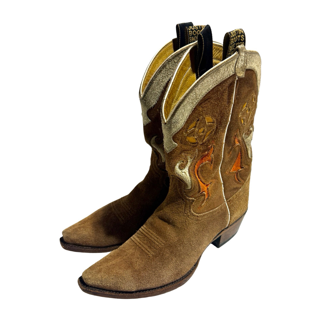 2000’S JUSTIN BOOTS VINTAGE LINE BROWN SUEDE CUT OUT LEATHER INLAY POINTED SNIP TOE COWBOY BOOTS 10