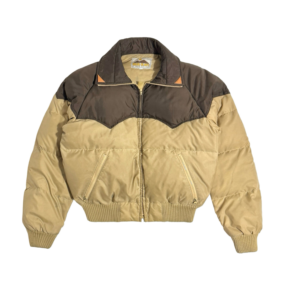 1970’S HIGH SLOPE MADE IN USA CROPPED WESTERN LEATHER ACCENT QUILTED GOOSE DOWN JACKET X-LARGE