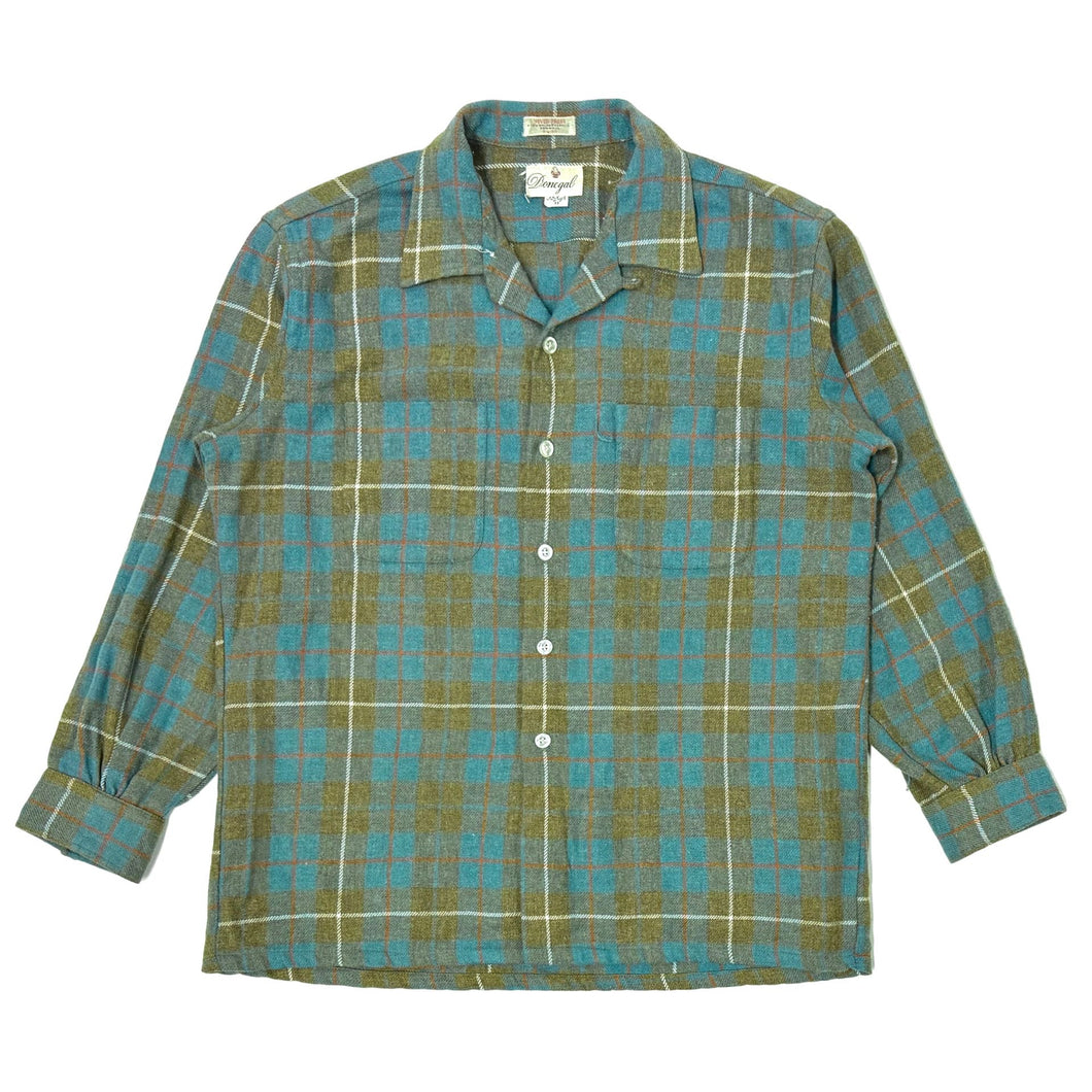 1950’S DONEGAL MADE IN USA CROPPED PLAID FITZHUGH SELVEDGE WOOL LOOP COLLAR L/S B.D. SHIRT LARGE