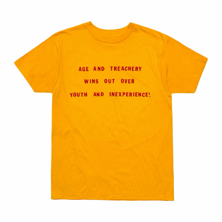 1980's Hanes gold Age and Treachery Wins Out Over Youth and Inexperience flocked cropped t-shirt medium
