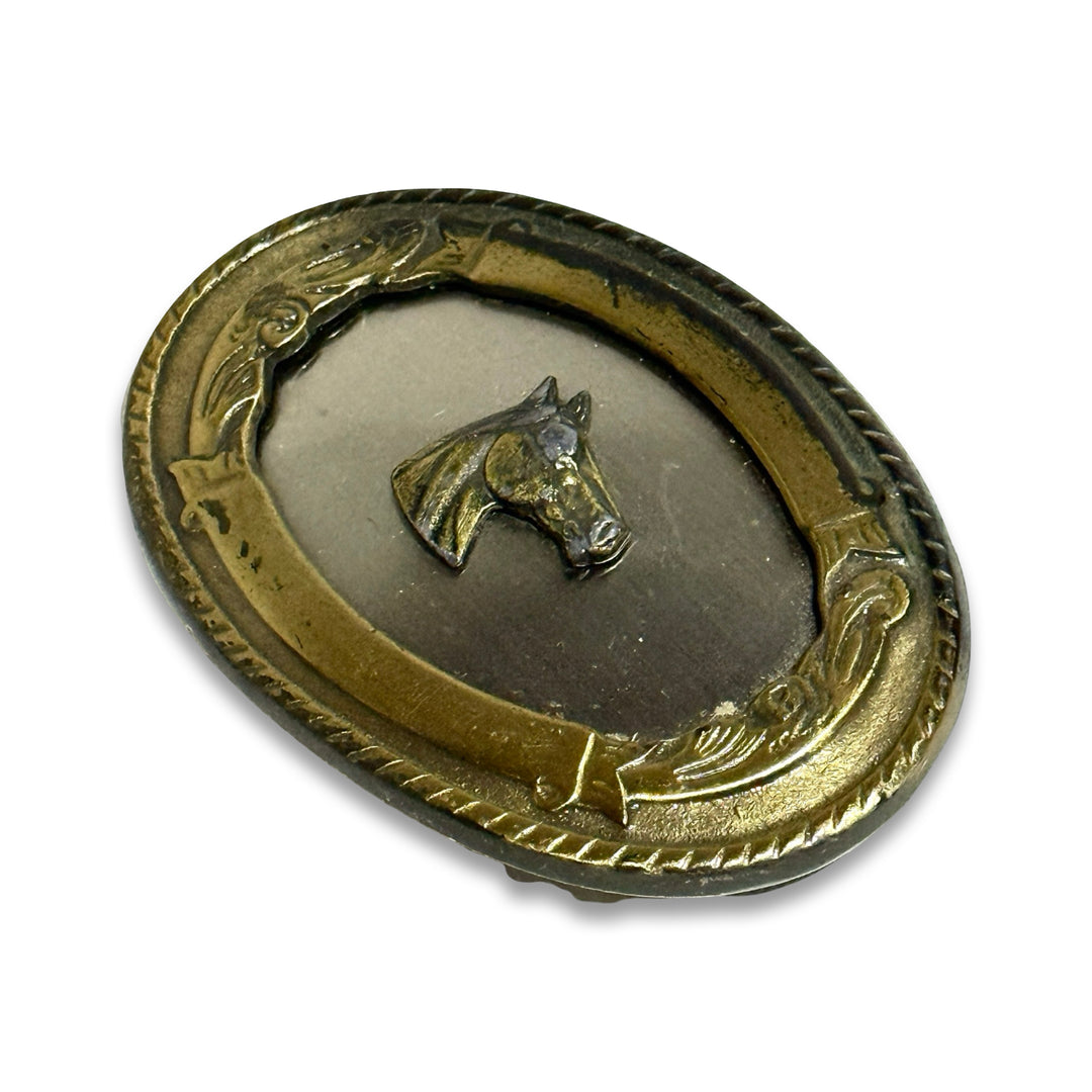 1970’S FRAMED HORSE EMBLEM MADE IN USA GOLDTONE FRAMED NICKEL BELT BUCKLE