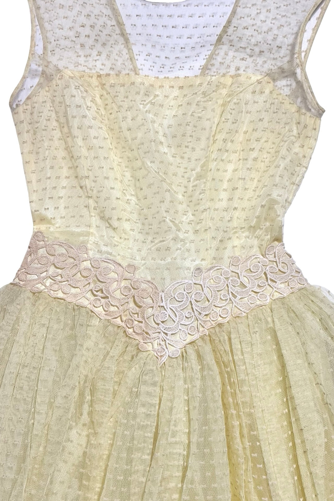 1950’S POINT D’ESPRIT HAND MADE IN USA PASTEL YELLOW TULLE COCKTAIL PARTY DRESS SMALL