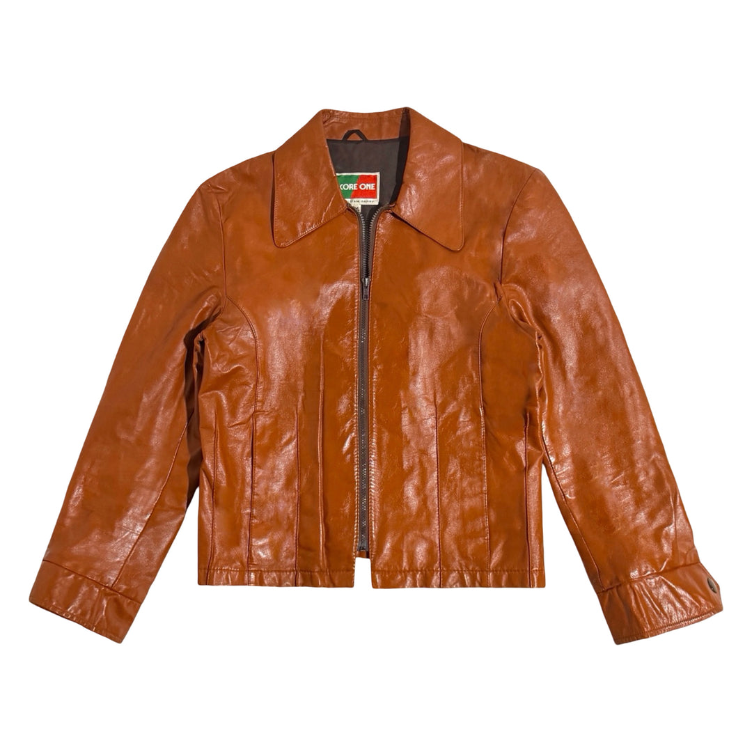 1970’S SCORE ONE BY WILLIAM BARRY MADE IN USA CROPPED REPAIRED COGNAC LEATHER DARTED ZIP JACKET LARGE