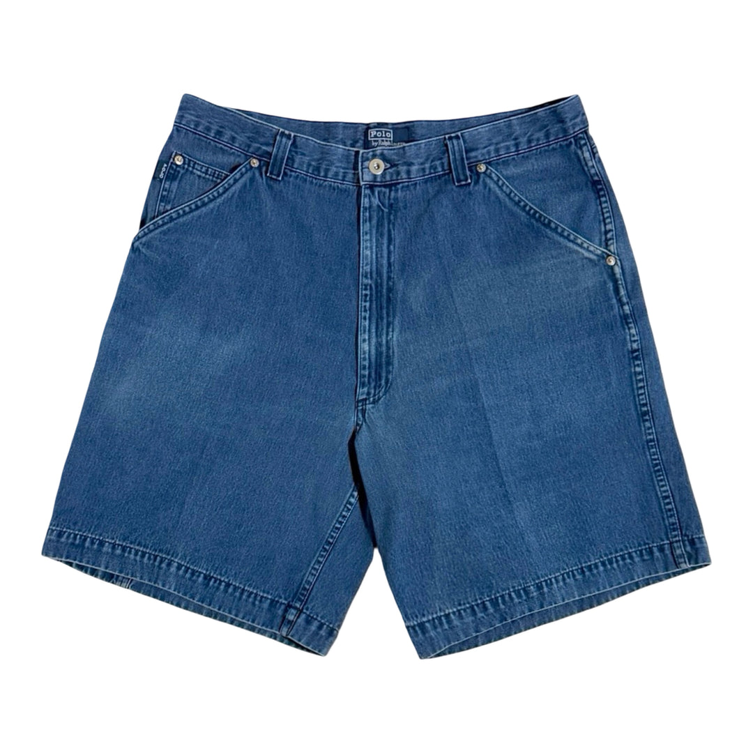 1990’S POLO RALPH LAUREN MADE IN USA FADED MEDIUM WASH DENIM 8.5” SHORTS 36