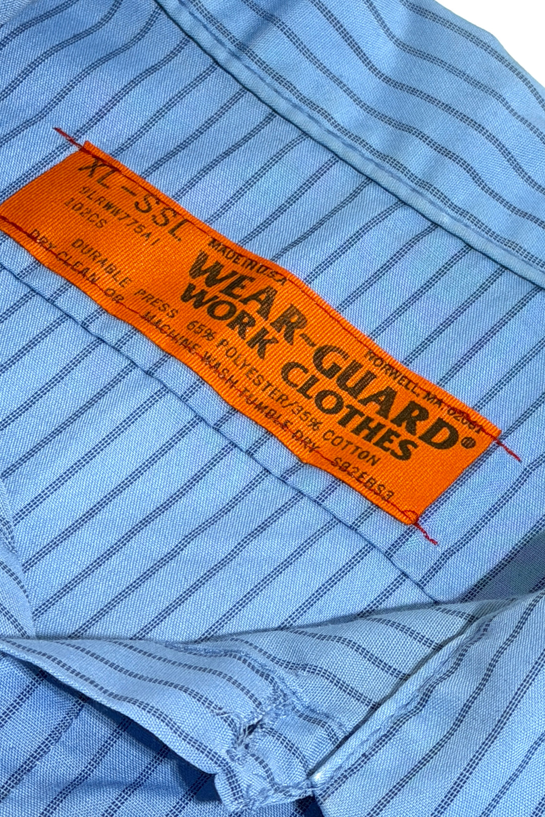 1980’S WEAR-GUARD MADE IN USA CROPPED STRIPED BLUE MOPAR HEMI S/S B.D. WORK SHIRT X-LARGE