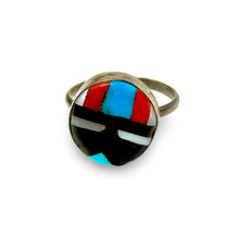 Load image into Gallery viewer, 1970’S ZUNI SUNFACE .925 STERLING SILVER ONYX MOP CORAL TURQUOISE RING SIZE 6
