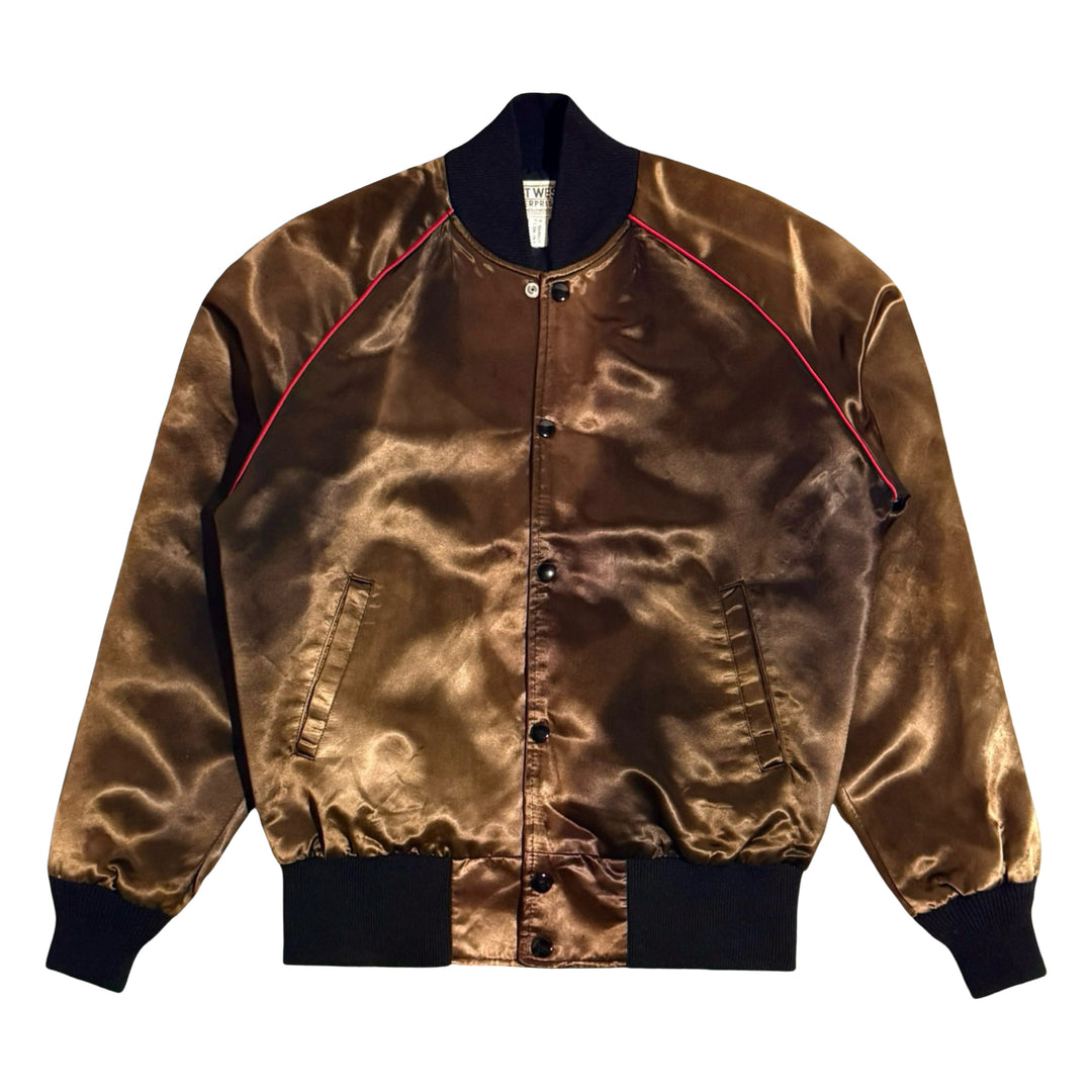 1970’S EAST WEST NORTH HOLLYWOOD MADE IN USA CROPPED CUSTOM EMBROIDERED PEACOCK NBC STUDIOS FADED SATIN BASEBALL JACKET LARGE