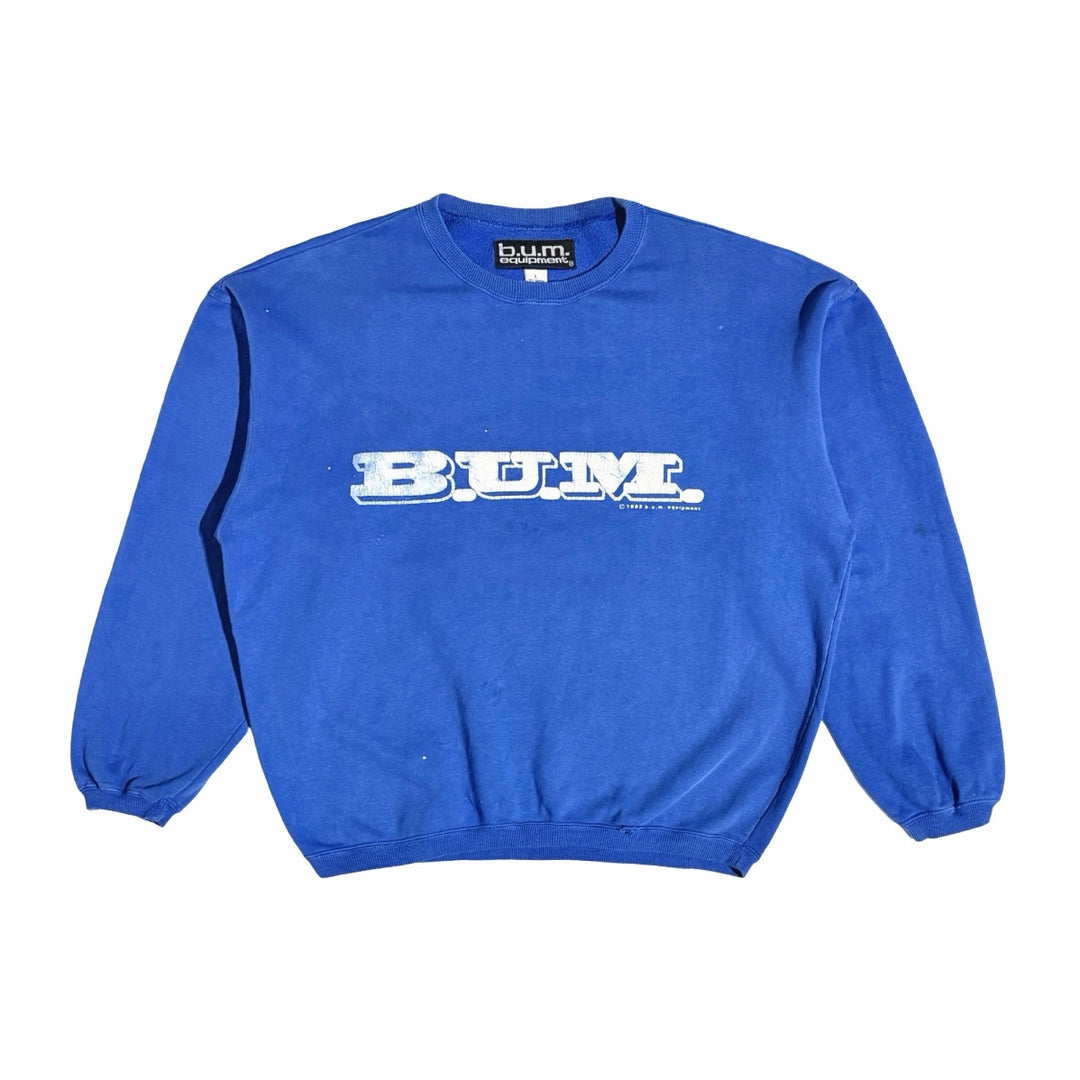 1990’S B.U.M. EQUIPMENT FADED &amp; THRASHED BRUSHED FLEECE CREWNECK SWEATER X-LARGE