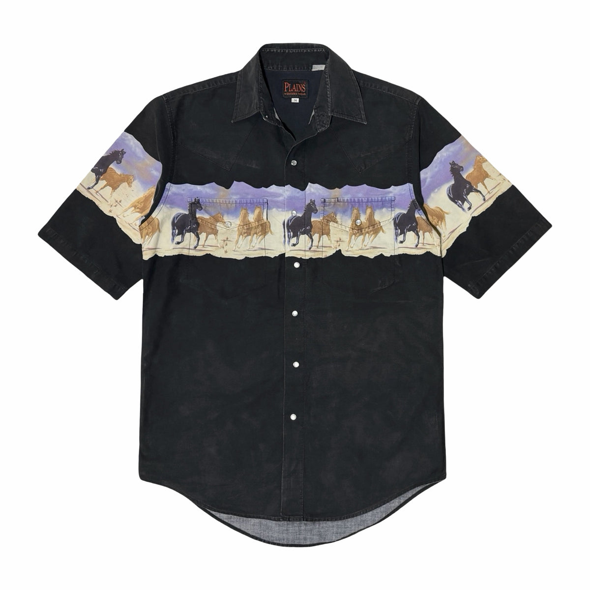 1990's Plains Western Wear faded black running horses panel print pearl snap shirt front