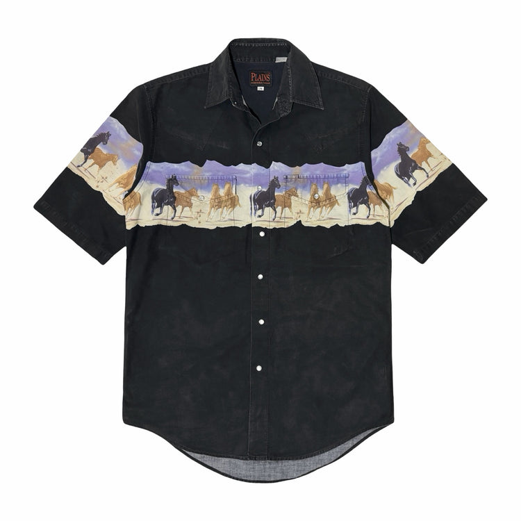 1990's Plains Western Wear faded black running horses panel print pearl snap shirt front