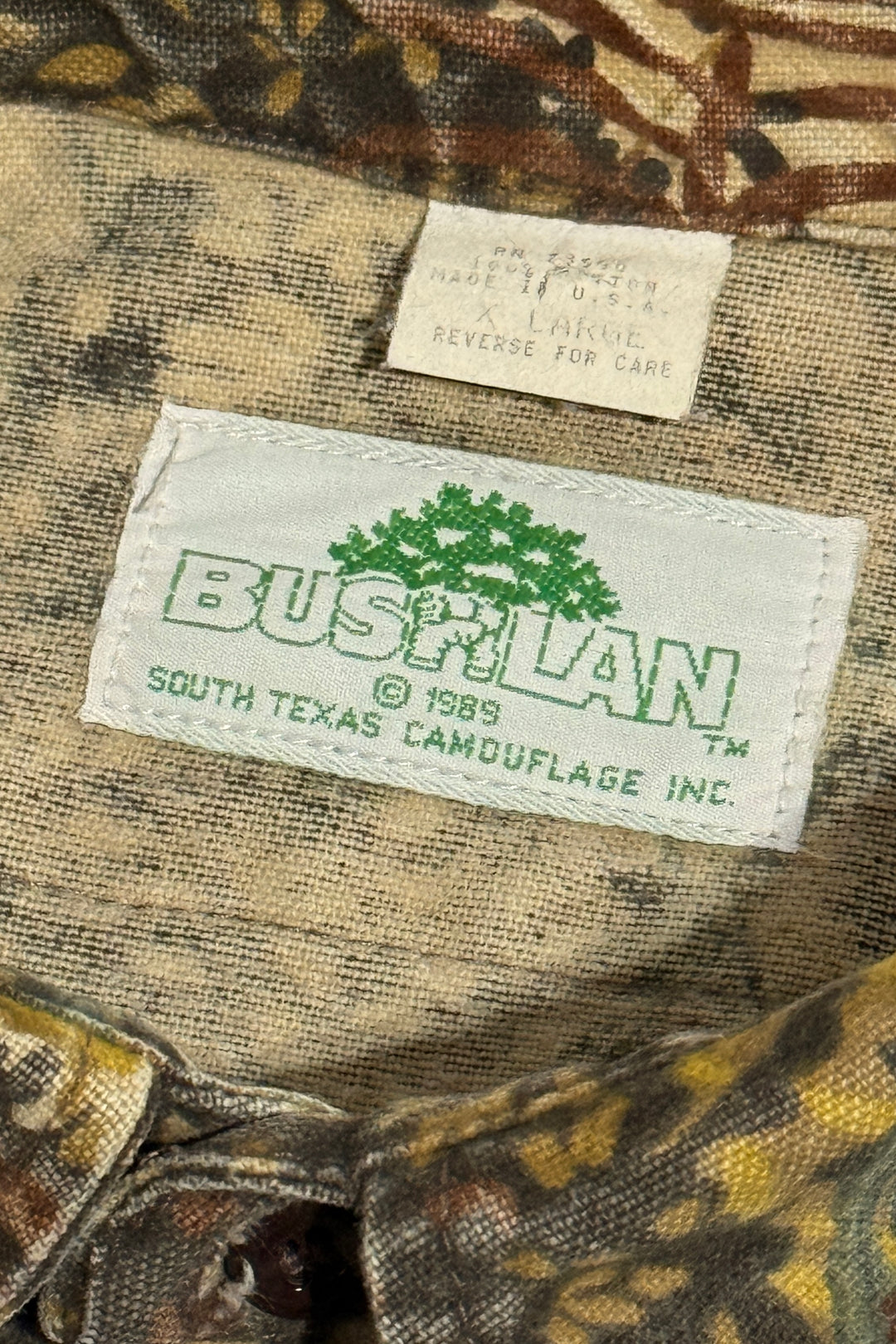 1980’S BUSHLAN MADE IN USA SOUTH TEXAS CAMOFLAGE INC CHAMOIS CLOTH L/S B.D. SHIRT X-LARGE