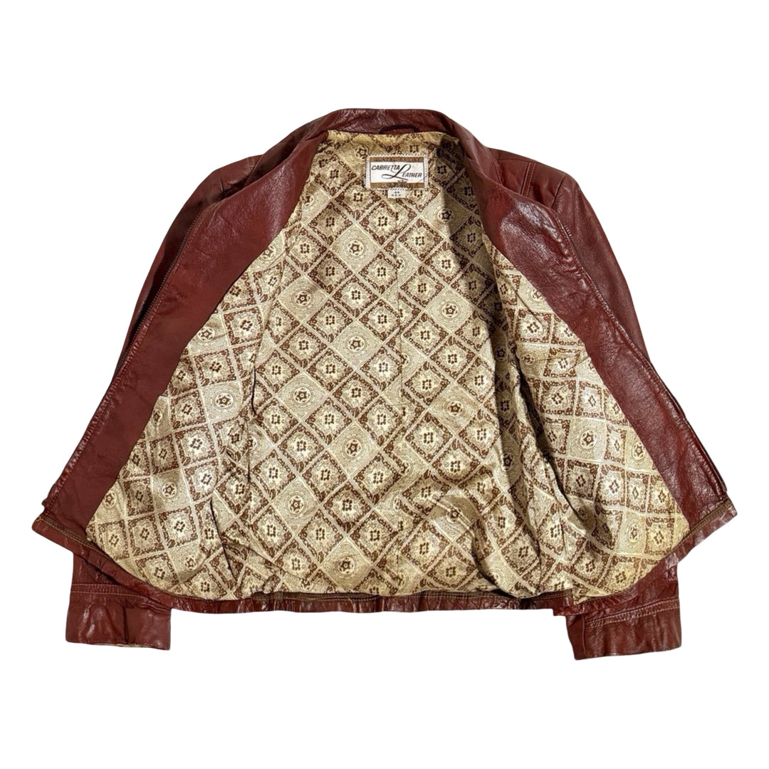 1970’S GRAIS MADE IN USA CROPPED CABRETTA ITALIAN HONEY LEATHER PATTERNED SATIN LINED WESTERN JACKET LARGE