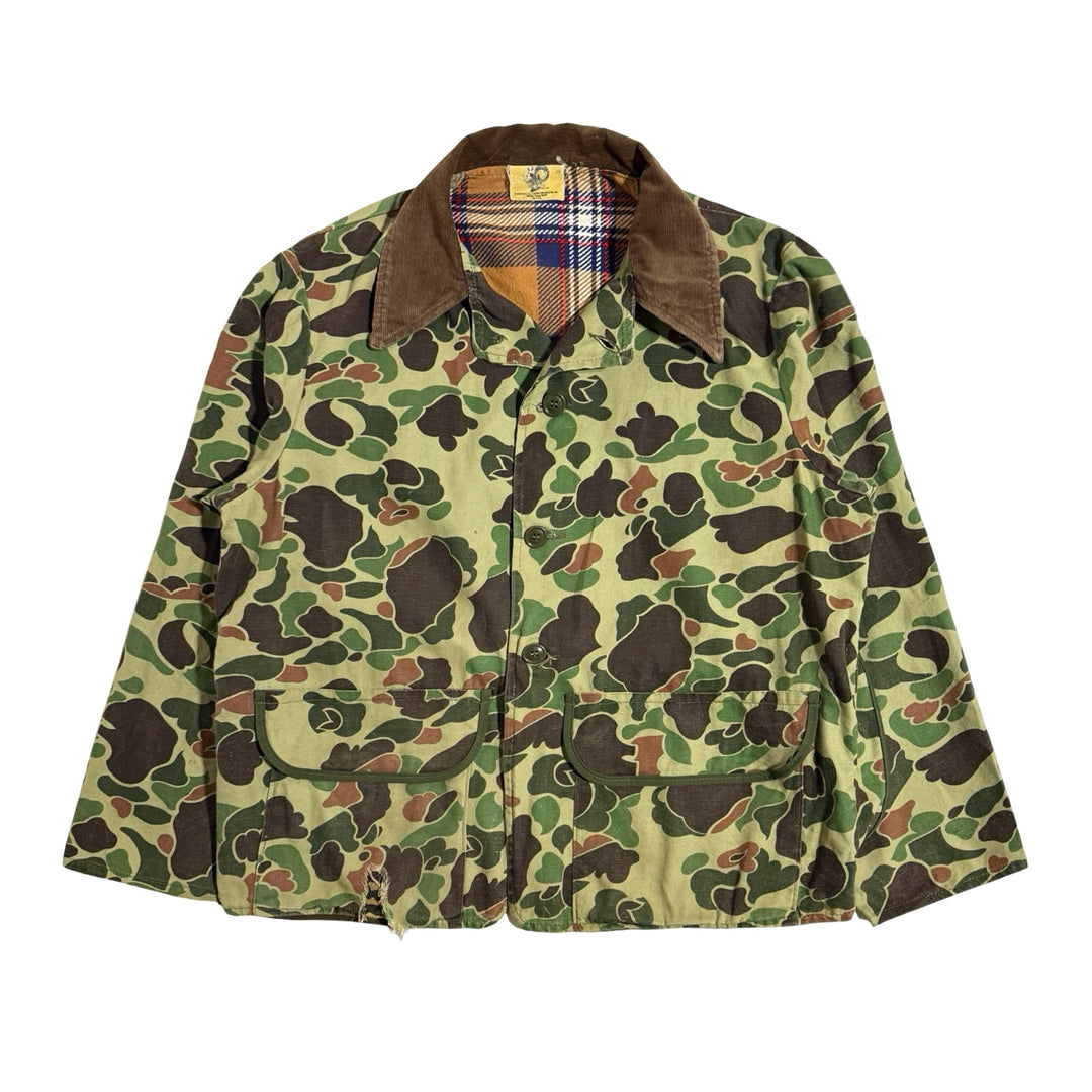1970’S BLACK SHEEP DALLAS MADE IN USA CROPPED CORDUROY COLLAR DUCK CAMO HUNTING JACKET LARGE