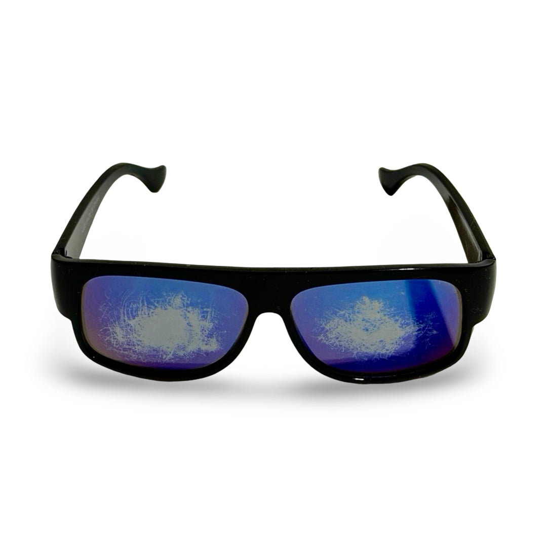 2000’S THICK BLACK ACETATE WRAPAROUND FRAME WITH REFLECTIVE BLUE BLACK LENSE SUNGLASSES
