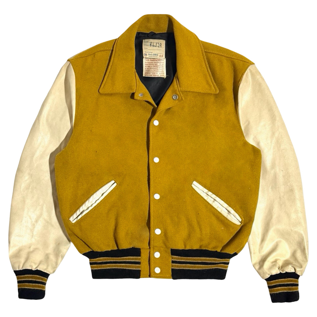 1970’S DELONG SPORTSWEAR MADE IN USA FADED &amp; THRASHED CROPPED MUSTARD / WHITE WOOL VARSITY JACKET LARGE