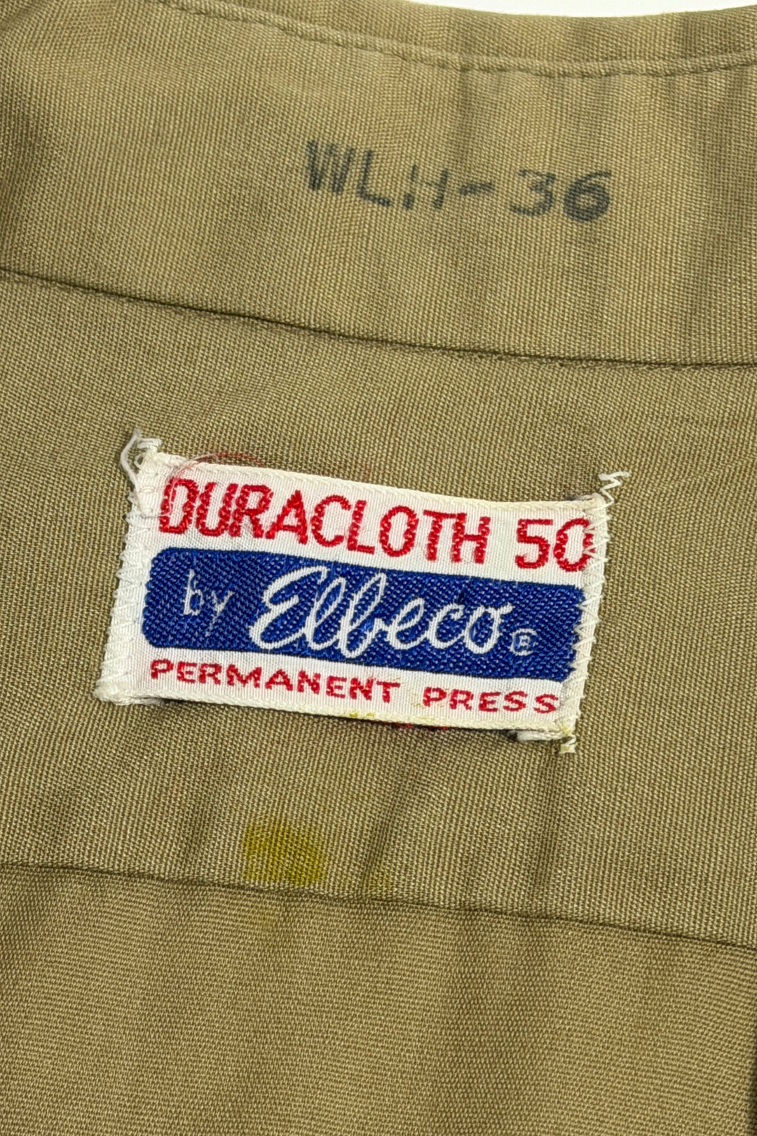 1950’S DURACLOTH BY ELBECO MADE IN USA SELVEDGE KHAKI TWO POCKET WORKWEAR L/S B.D. SHIRT LARGE