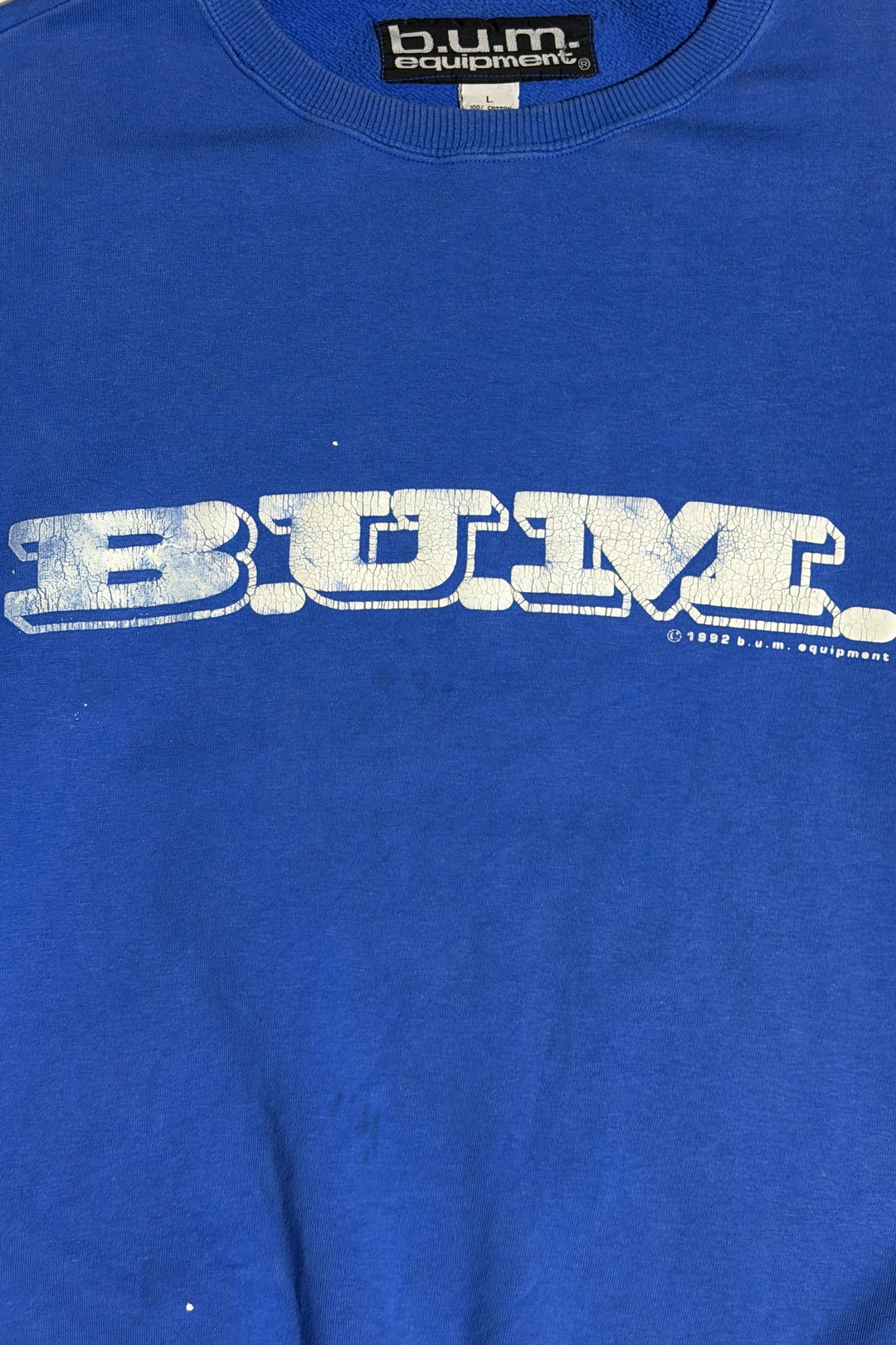 1990’S B.U.M. EQUIPMENT FADED &amp; THRASHED BRUSHED FLEECE CREWNECK SWEATER X-LARGE