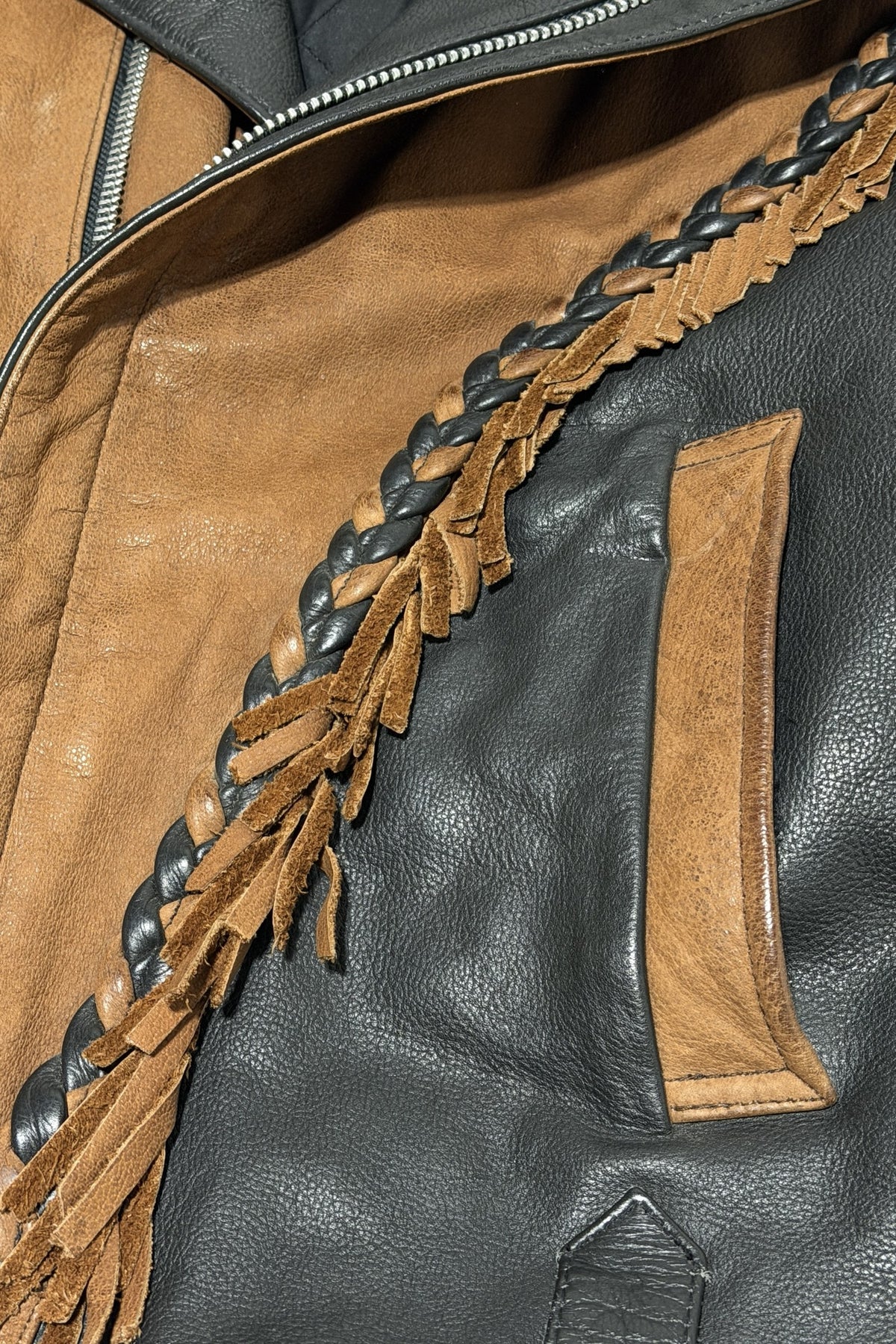 1980's JR genuine leather black tan suede western fringe cropped jacket large