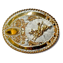 Load image into Gallery viewer, 1980’S BIG RODEO MADE IN USA SILVER AND GOLDTONE PLATED BRASS BELT BUCKLE
