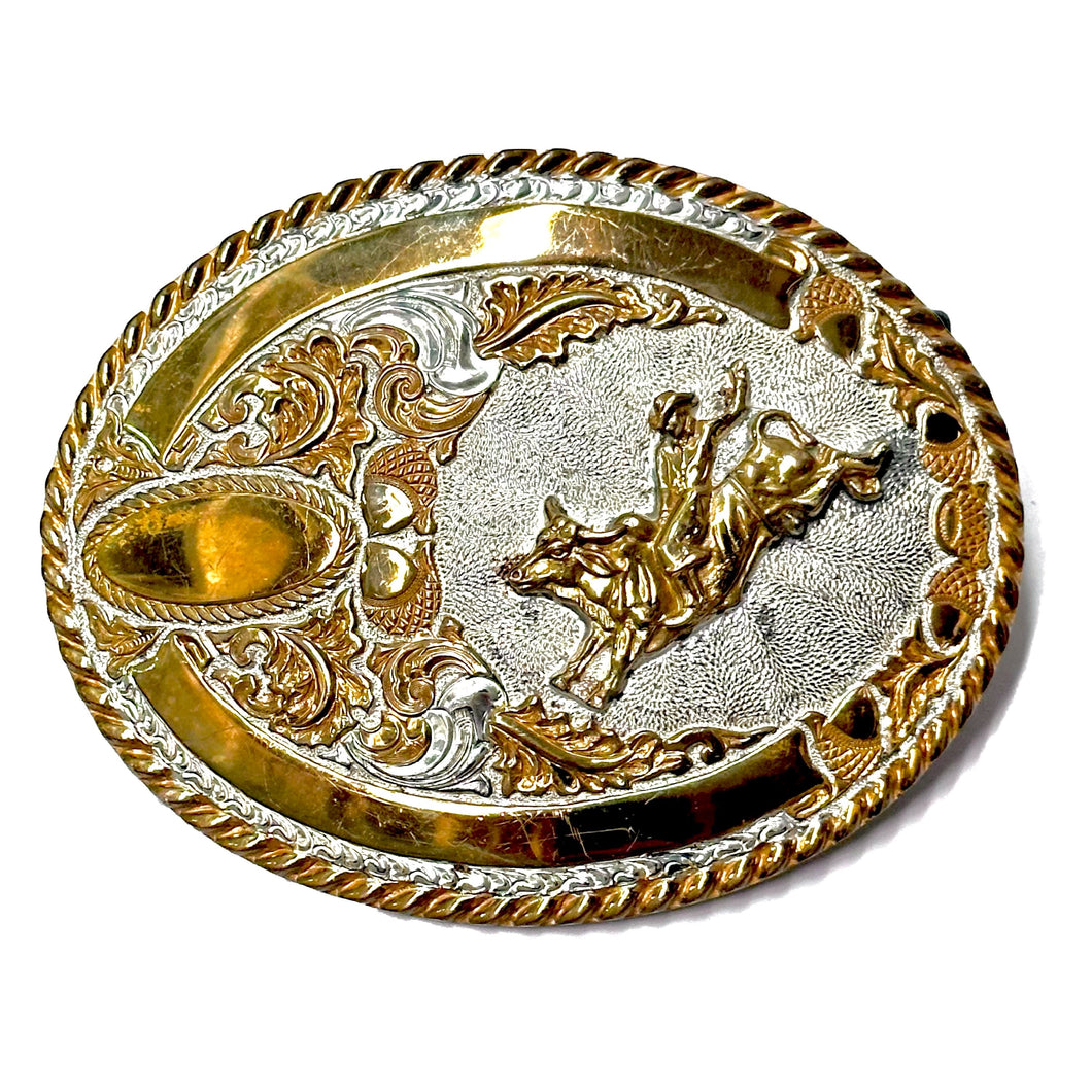 1980’S BIG RODEO MADE IN USA SILVER AND GOLDTONE PLATED BRASS BELT BUCKLE