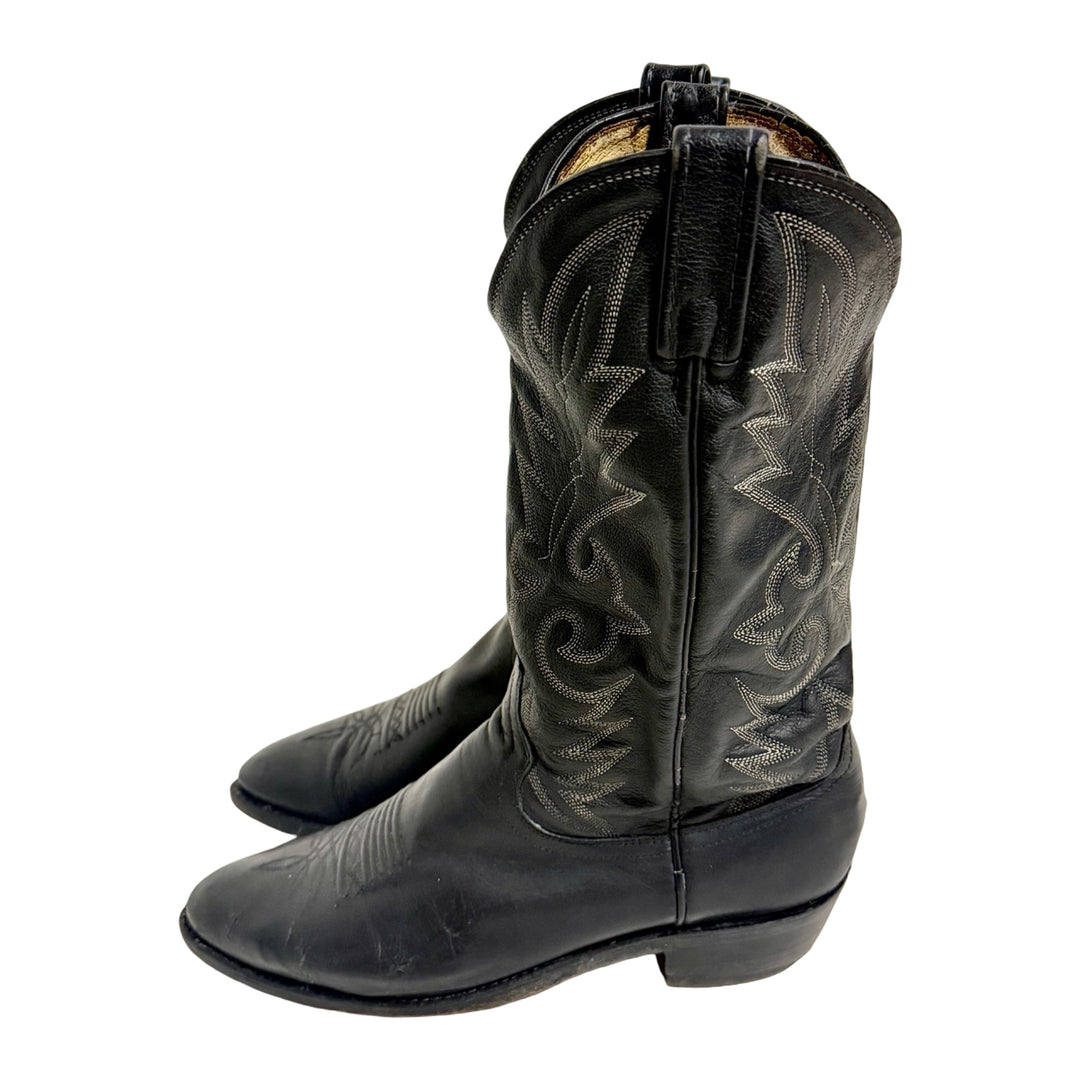 1970’S DAN POST MADE IN USA BLACK EMBROIDERED WESTERN POINTED TOE COWBOY BOOTS 9.5