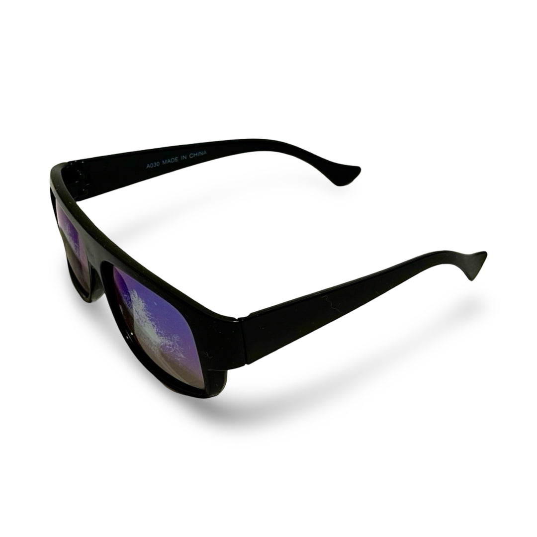 2000’S THICK BLACK ACETATE WRAPAROUND FRAME WITH REFLECTIVE BLUE BLACK LENSE SUNGLASSES